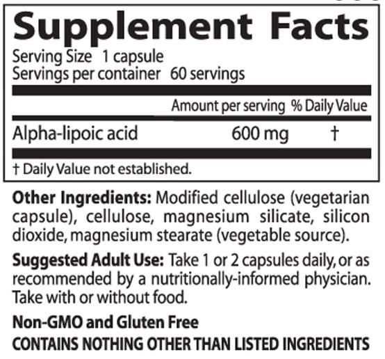 ÁCIDO ALFA LIPÓICO ALPHA-LIPOIC 600 mg - 60 CÁPSULAS PRODUTO VEGANO